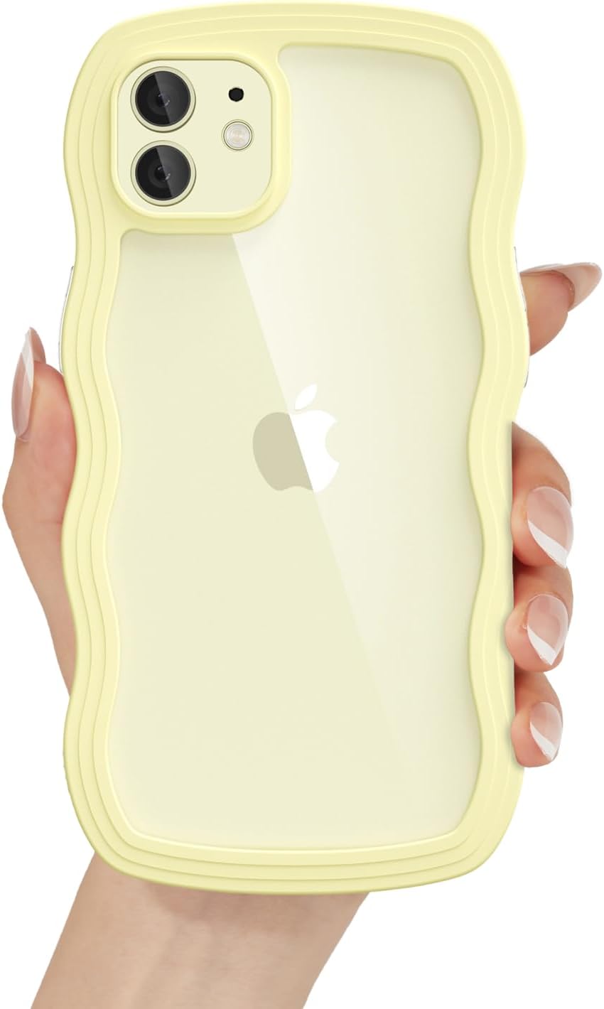Phone Case: Transparent wavy design with a cute, girlish aesthetic; combines a clear acrylic hard back panel with a soft silicone wavy frame; a Y2K-style protective case designed specifically for women — Yellow