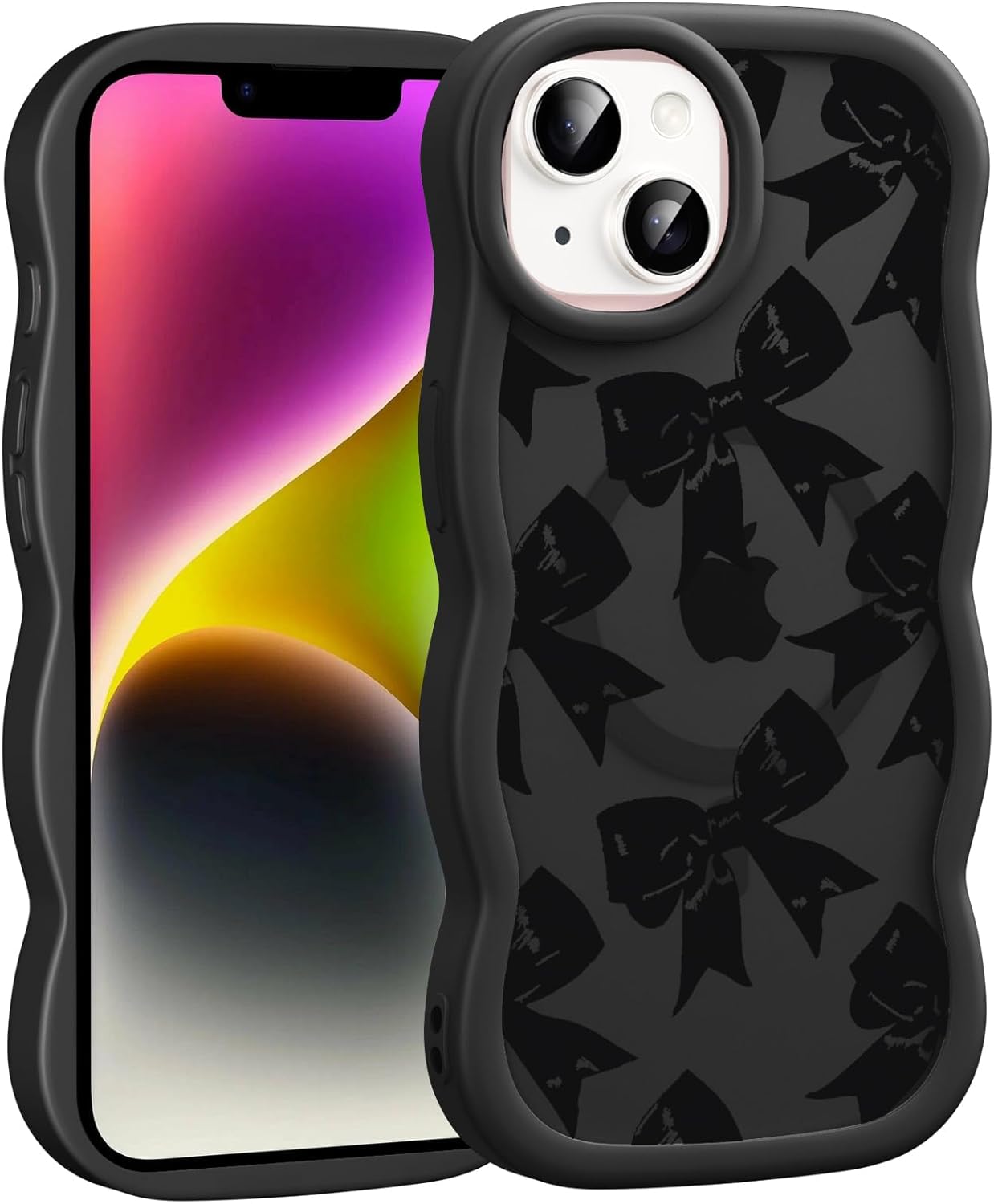 Cute Black Bow Phone Case: Elegant Ribbon Bow Print Pattern — Wavy Frame Design — Magnetic Compatible — Drop-Resistant Silicone Cover (Designed for Women)