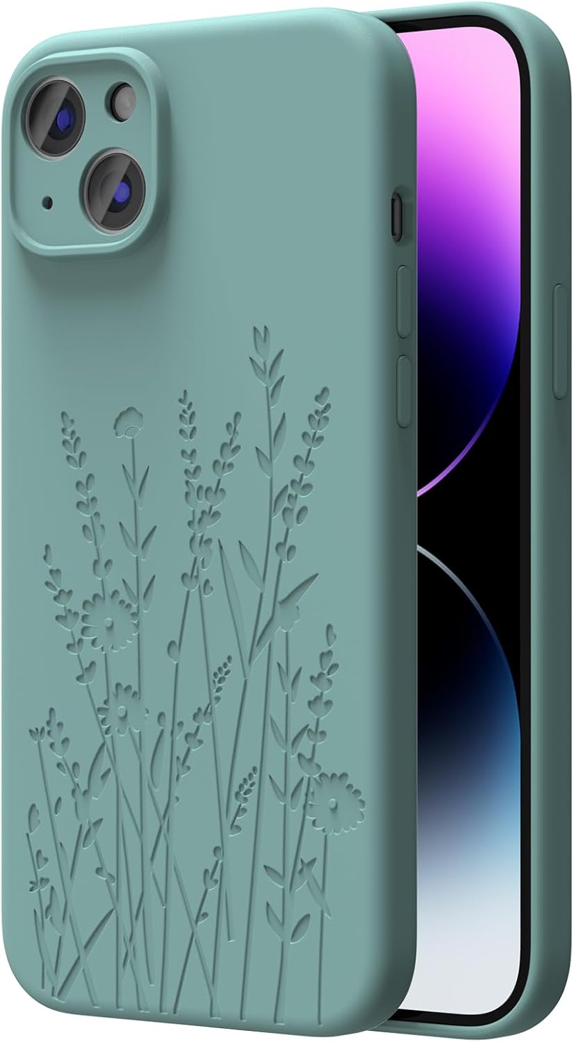 Magnetic Engraved Phone Case: Comprehensive Camera Protection, Slim Liquid Silicone Design, Designed for Women & Girls — Midnight Green Floral Pattern