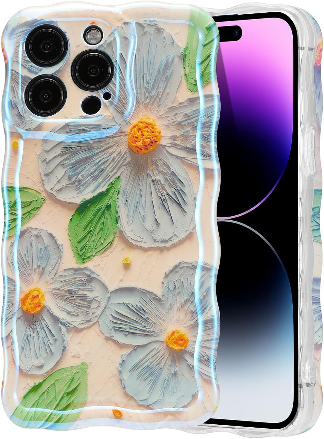Phone Case: Colorful vintage oil-painting style floral and leaf pattern with a laser-gloss finish; features charming wavy edges; an elegant, stylish, and durable TPU drop-resistant protective case