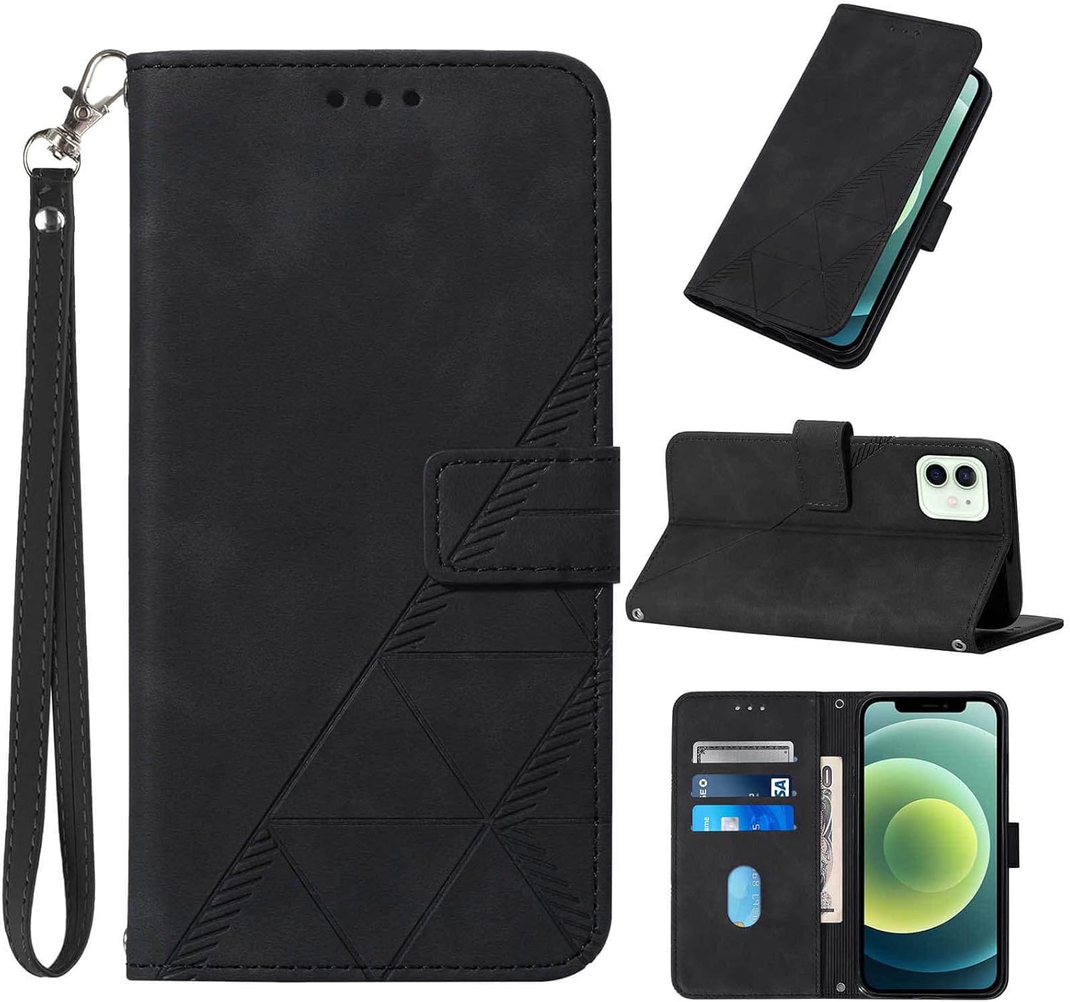 Wallet Phone Case, [Kickstand] [Wrist Strap] [Card Slots], TPU Inner Protection, PU Leather Flip Cover (Black)