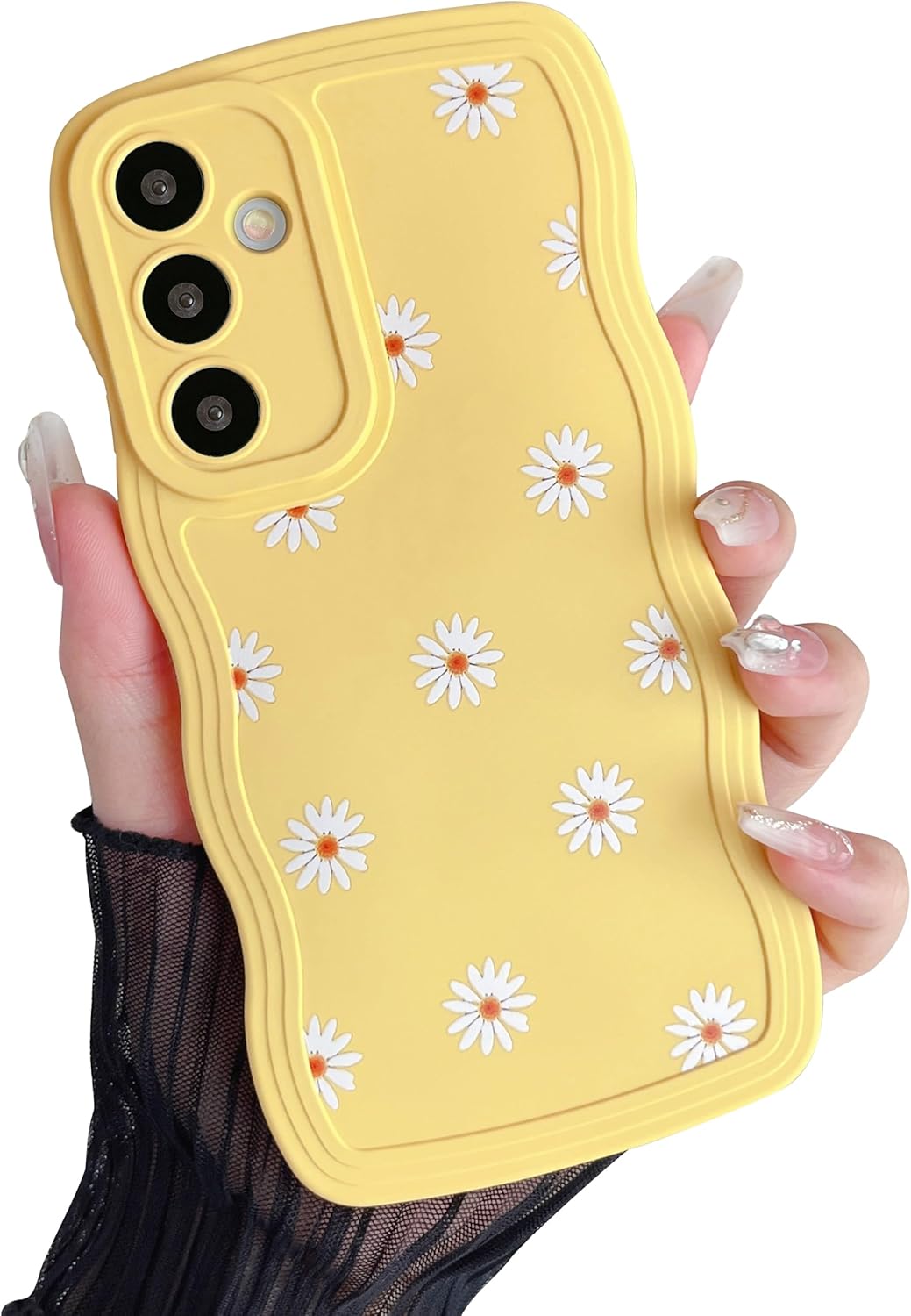 Phone Case: Unique Wavy Frame with Daisy Pattern — Soft Liquid Silicone Material — Drop-Resistant, Full-Coverage Design (with Lens Protection) — Yellow