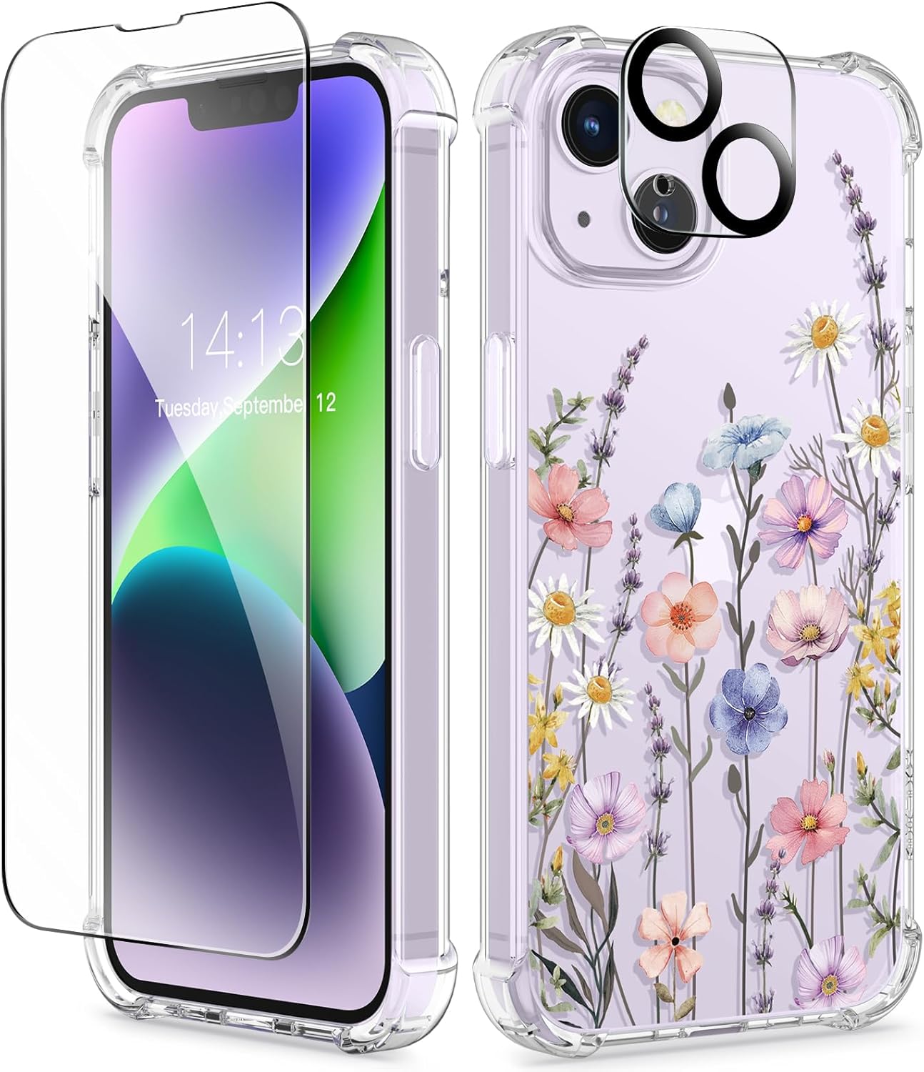 Phone Case: Floral pattern design; includes a bonus screen protector and camera lens protector; [Non-Yellowing] Soft, drop-resistant transparent protective case — 6.1-inch Model (Mallow Flower / Colorful)