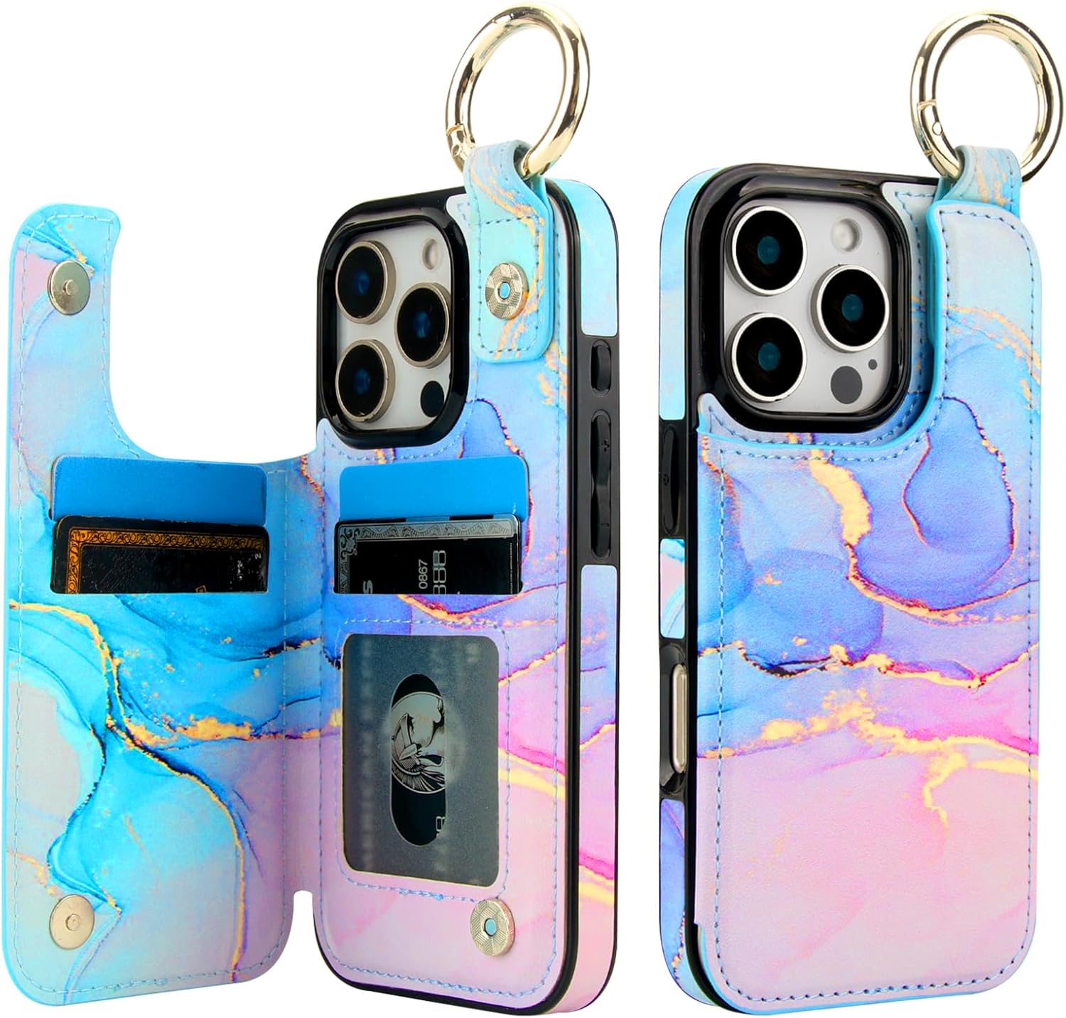 Wallet Phone Case (with Card Slots), Pink & Blue Marble Print Flip Design, PU Leather Kickstand Cover, Includes Finger Ring Holder & Dual Magnetic Clasp (6.3-inch)