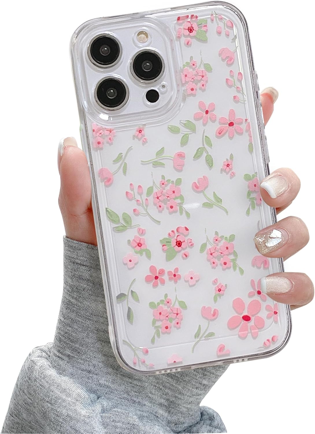 Phone Case: Cute Pink Floral Aesthetic Design, Raised Camera Protection, Slim & Lightweight TPU Shockproof Cover with Soft Edges — Clear