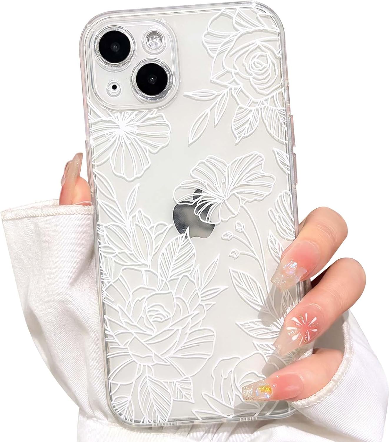 Phone Case: Cute Transparent Floral Pattern on a White Background, Designed for Women, Made with Soft TPU Material, Full-Coverage Camera Protection — White