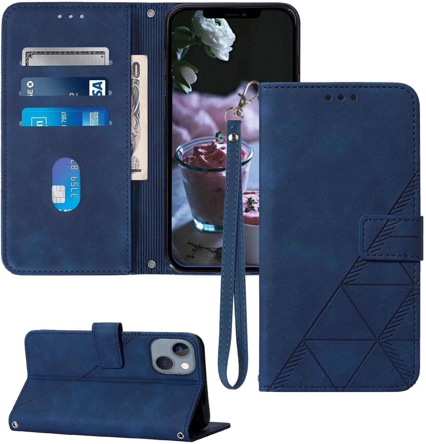 Wallet Phone Case, Includes Card Slots & Wrist Strap, TPU Inner Protection, Built-in Kickstand Function, PU Leather Flip Cover (6.1-inch) - Blue