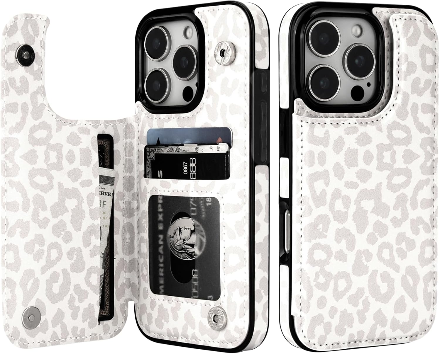 Wallet Phone Case (with Card Slots), White Leopard/Cheetah Print Flip Design, PU Leather Kickstand Cover, Dual Magnetic Clasp Drop-Resistant Design (6.3-inch)