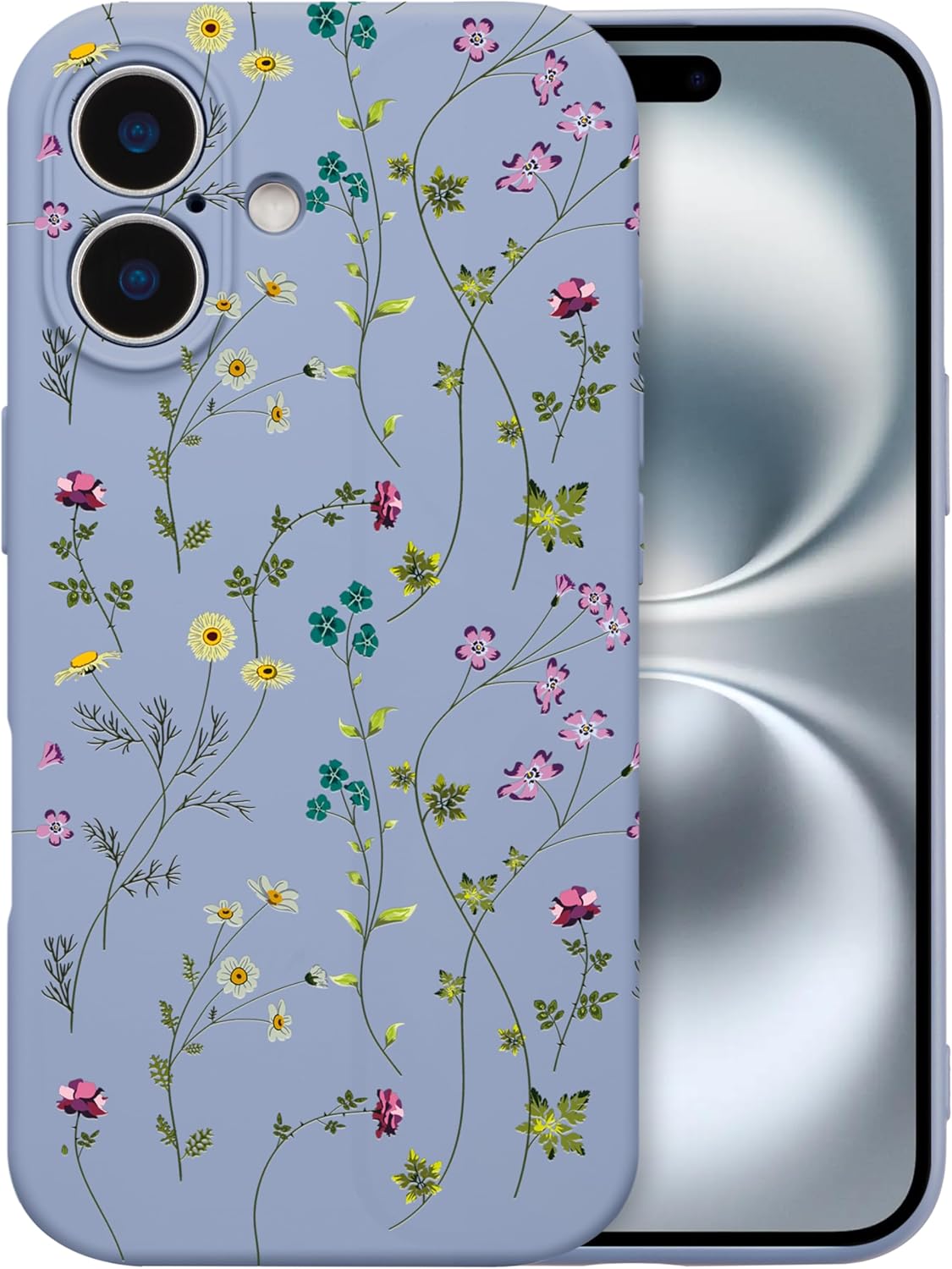Floral Phone Case: Flowery Branch Pattern Liquid Silicone Cover, Cute Style, Designed for Women & Girls, Slim & Soft Rubber Case (6.1-inch) — Gray