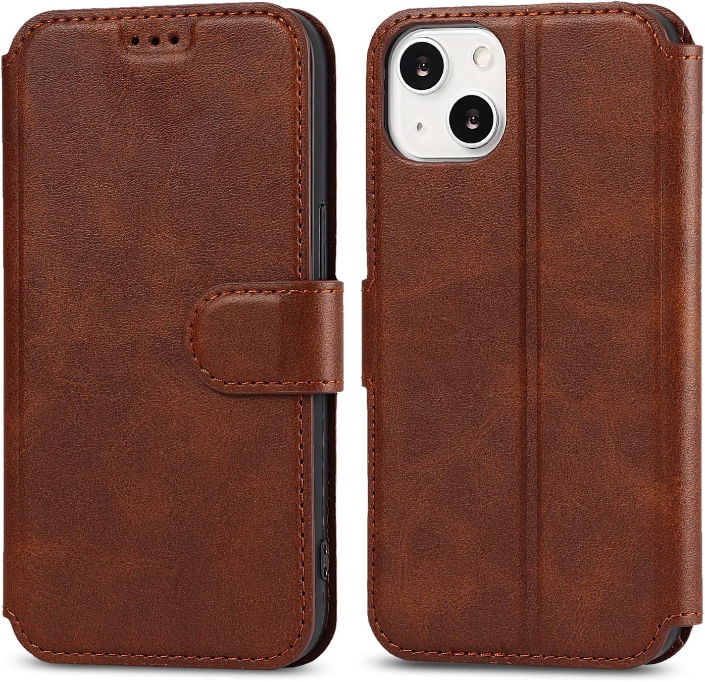 Premium PU Leather Minimalist Wallet Phone Case — Features Card Slots, Kickstand, and Magnetic Closure; Drop-Resistant Flip Cover (6.1-inch) - Brown