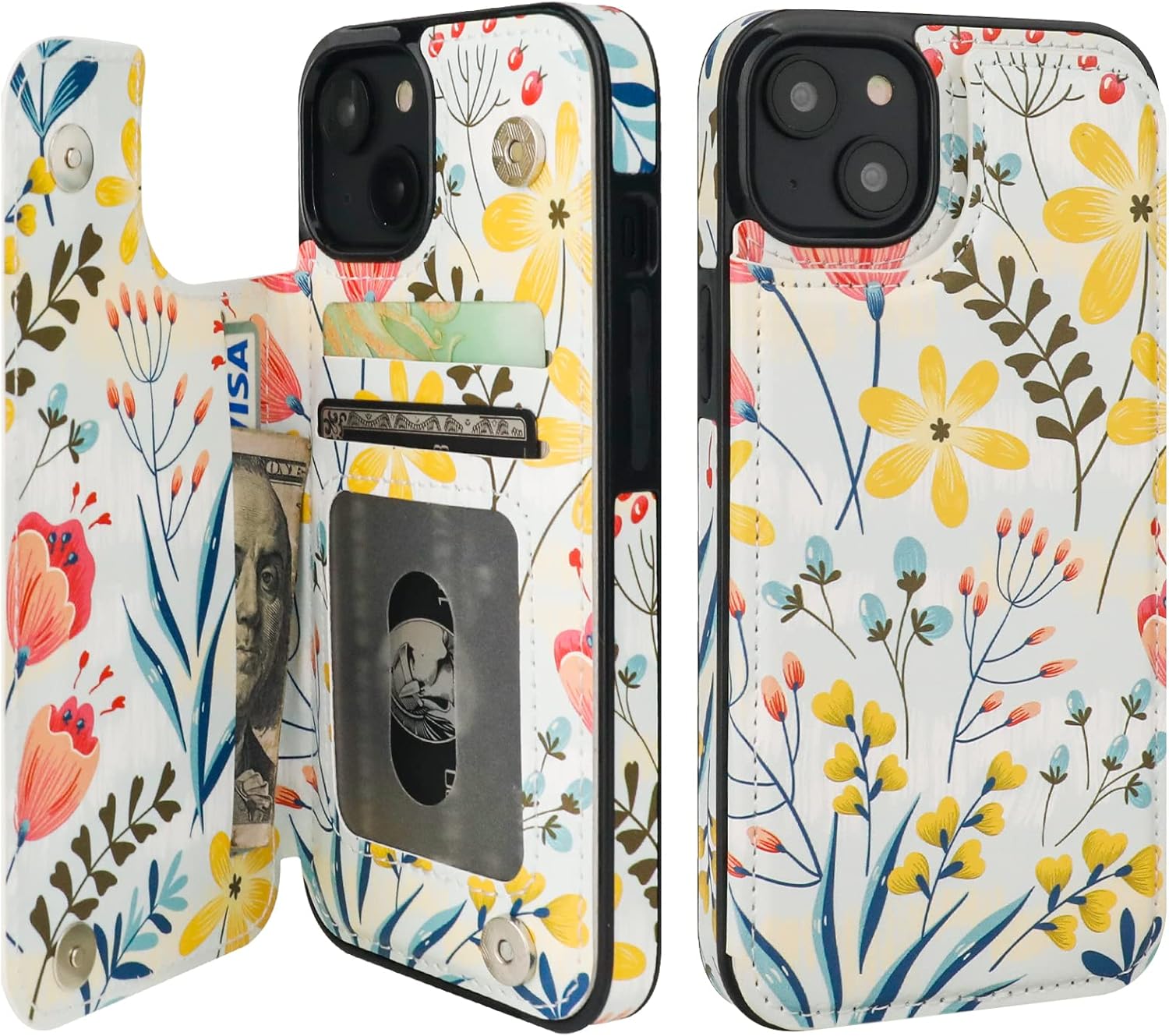Wallet-Style Phone Case (with Card Slots) — Floral-Patterned PU Leather Flip Stand Protective Cover, Designed for Women, Dual Magnetic Closure, Drop-Resistant (6.1-inch)