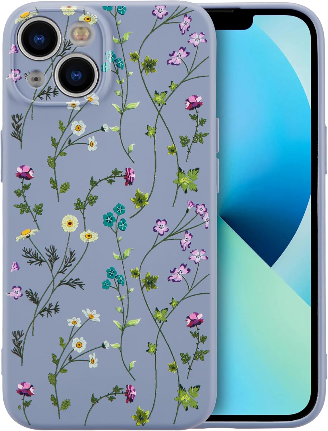 Floral Phone Case: Flowery Branch Pattern Liquid Silicone Cover, Cute Style, Designed for Women & Girls, Slim & Soft Rubber Case (6.1-inch) — Gray