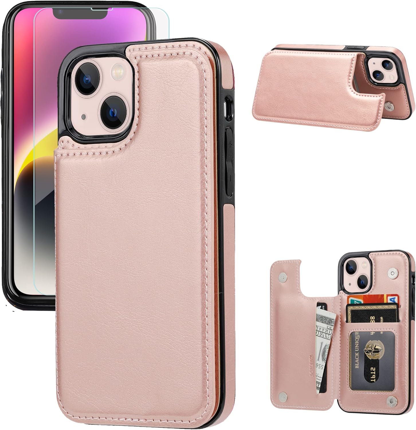 Wallet-Style Phone Case — Slim, Drop-Resistant Protective Cover (with Card Slots); Premium PU Leather Kickstand Case, Includes Free Tempered Glass Screen Protector (6.1-inch) - Rose Gold