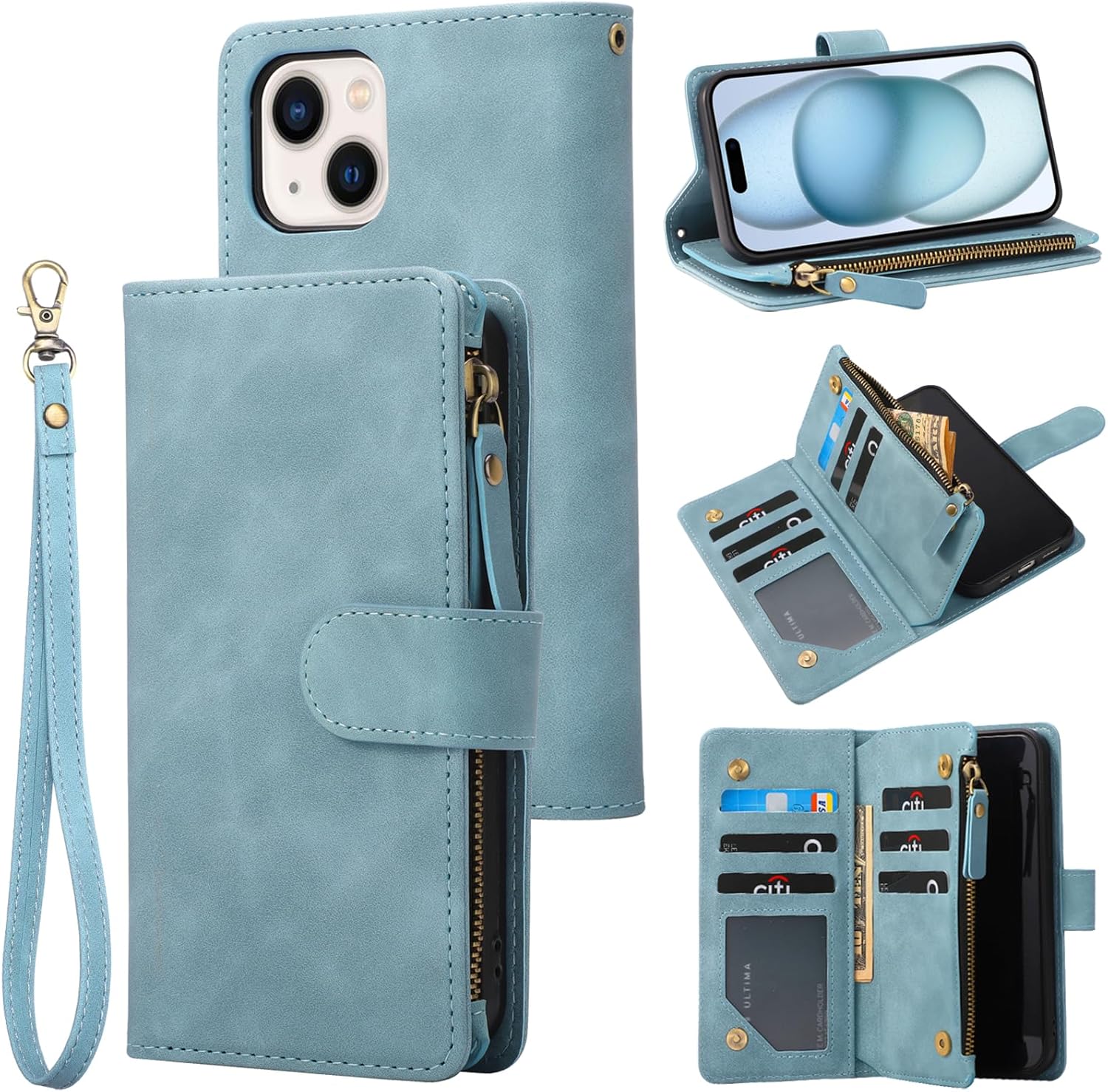Wallet Phone Case, Includes RFID-Blocking Credit Card Slots, Premium PU Leather [Zipper Pocket] Flip Wallet Case with Wrist Strap and Kickstand Function (Baby Blue)