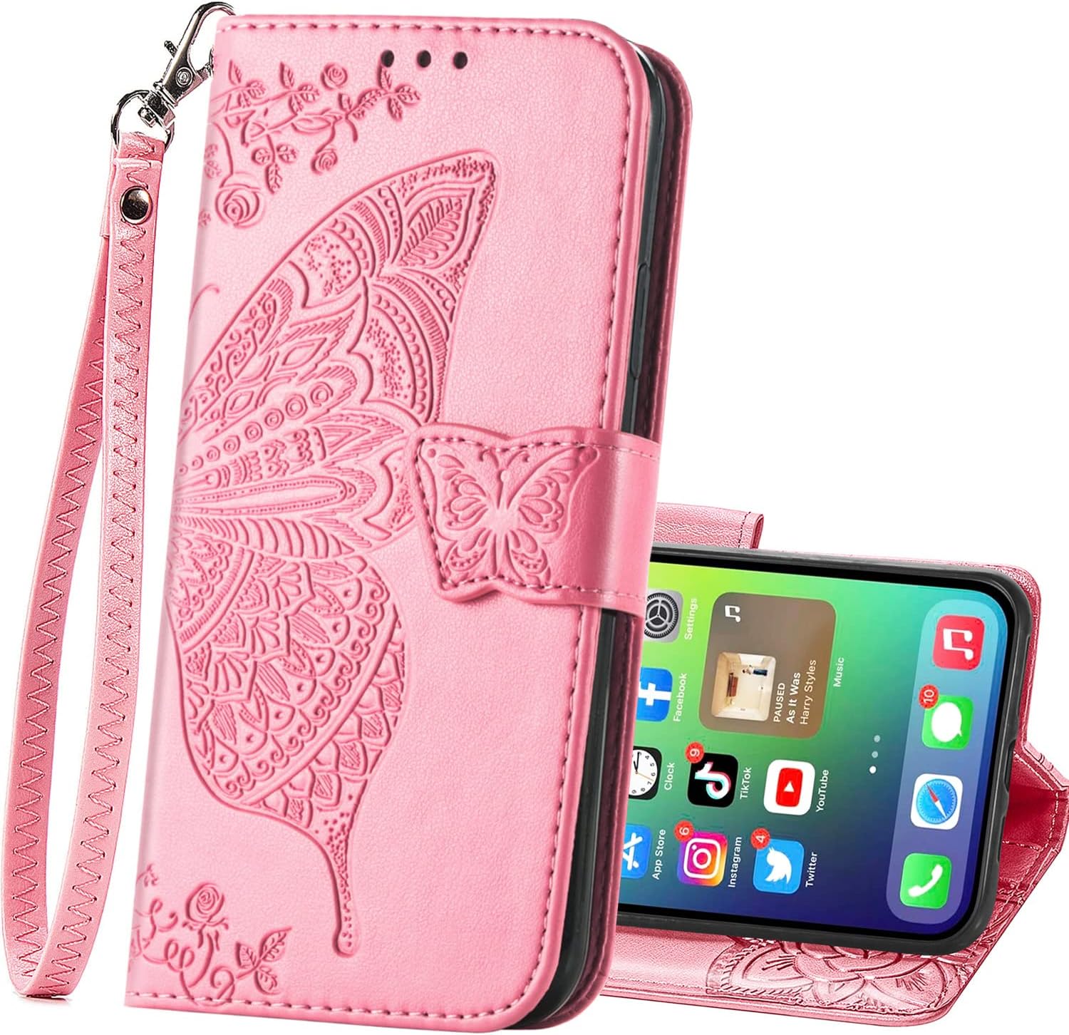 Wallet Phone Case, PU Leather Flip Cover, Includes Wrist Strap, Credit Card Slots & Cash Pocket, Embossed Butterfly Pattern Kickstand Design (Pink)