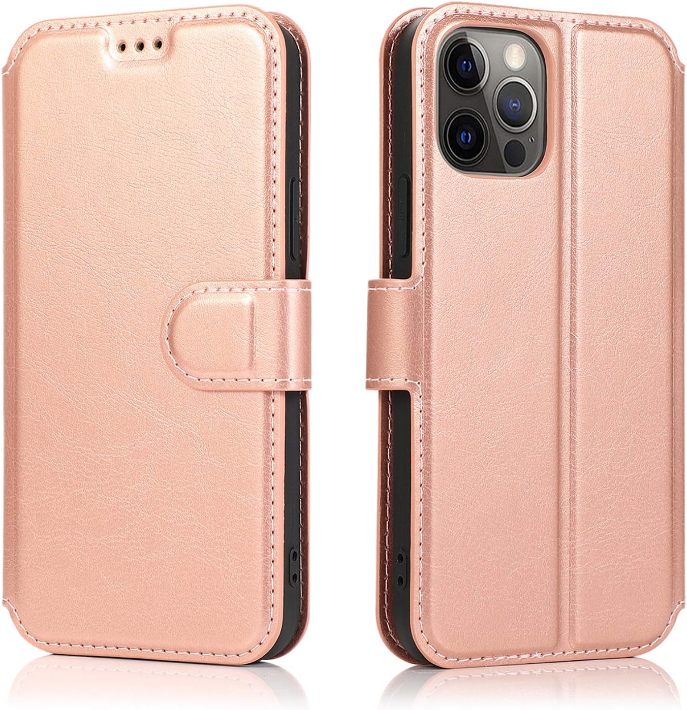 Phone Case, Premium PU Leather Minimalist Wallet-Style Cover [Card Slots] [Kickstand] [Magnetic Closure], Drop-Resistant Flip Case (6.1-inch) - Rose Gold