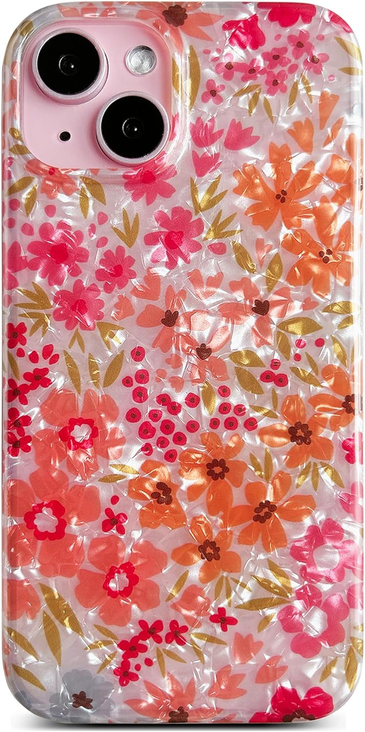 Phone Case (6.1-inch): Cute Floral Pattern Design (Designed for Women), Shell-Textured Soft Edges, Slim-Fit TPU Shockproof Protective Cover — Pink Floral