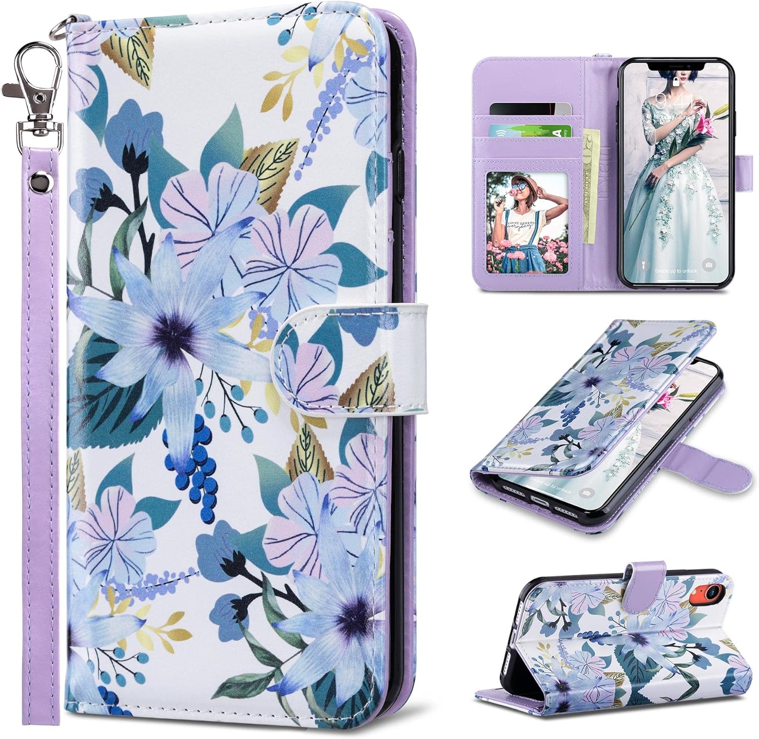 Wallet-Style Phone Case — Premium PU Leather Flip Cover with Card Slots, Kickstand, and Lanyard; Drop-Resistant Protective Case (6.1-inch) - Blue Floral Pattern