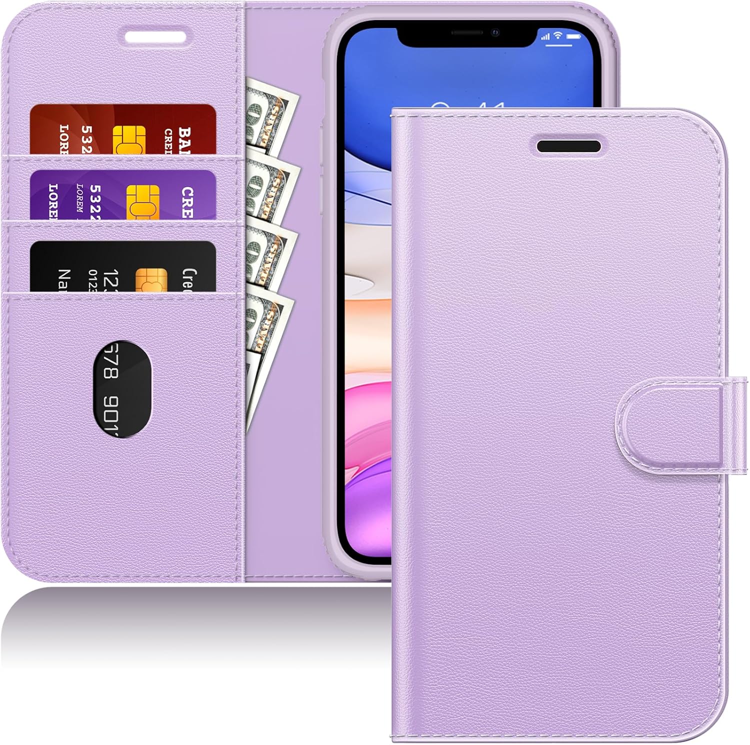 Wallet Phone Case, Drop-Resistant PU Leather Magnetic Flip Cover, Includes Card Slots & Kickstand Function (Lilac)